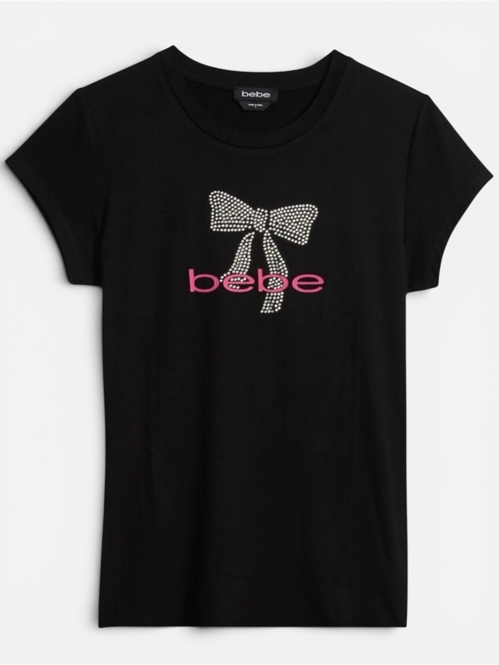 bebe Black Short-Sleeve Tee with Rhinestone Bow and Pink Logo